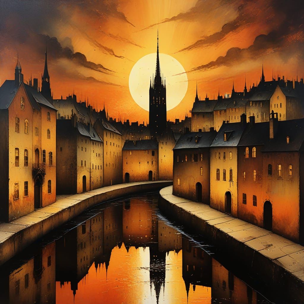 Golden Cityscape Sunset in Dreamlike Surrealist Style