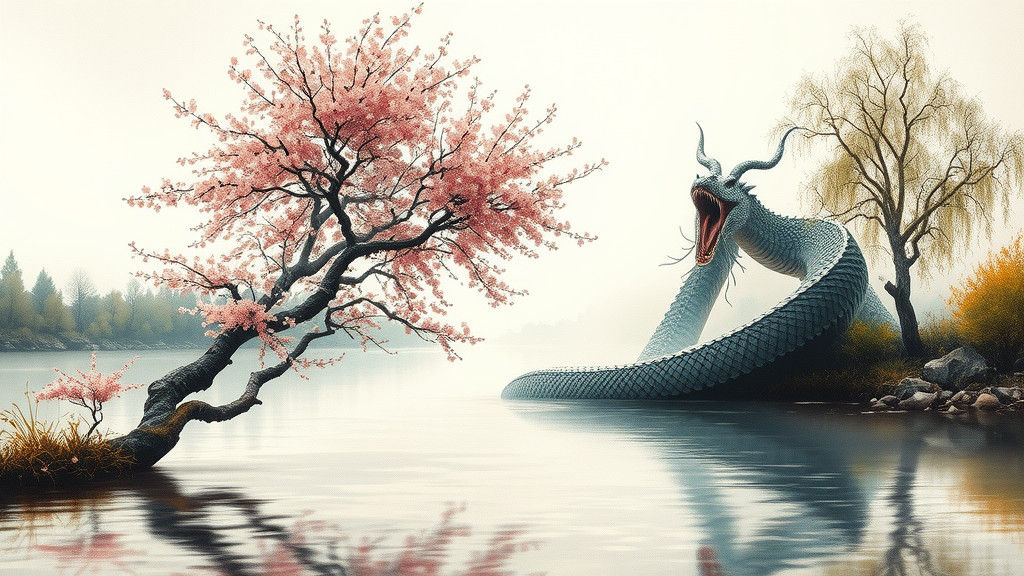 Sea Serpent Emerges: Vintage Painting with Cherry Blossoms