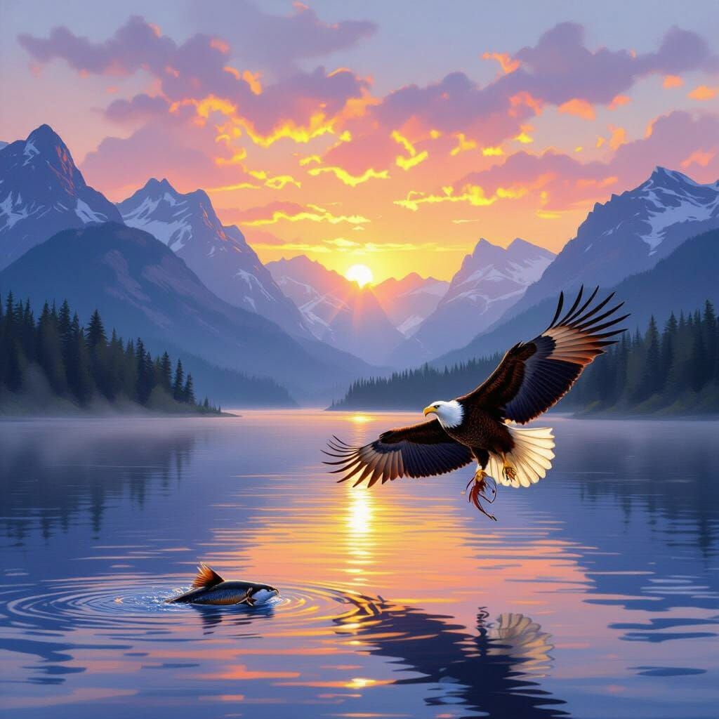 Majestic Bald Eagle Soars Over Misty Lake at Sunrise