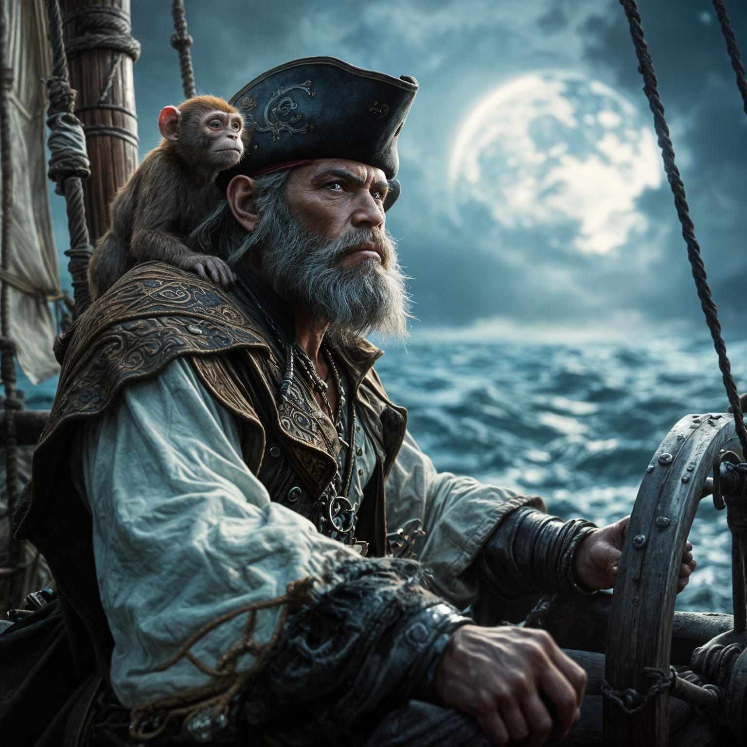 Pirate Navigates Moonlit Seas with Mischievous Monkey Compan...