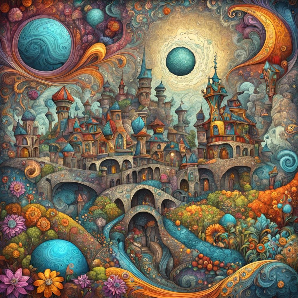 Surreal Doodle Art Village with Fractal Elements