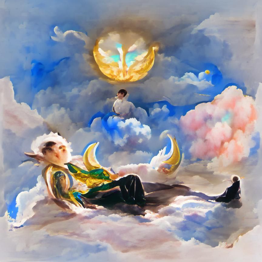 Winged Elf on Cloud Gazing at Sun and Moon