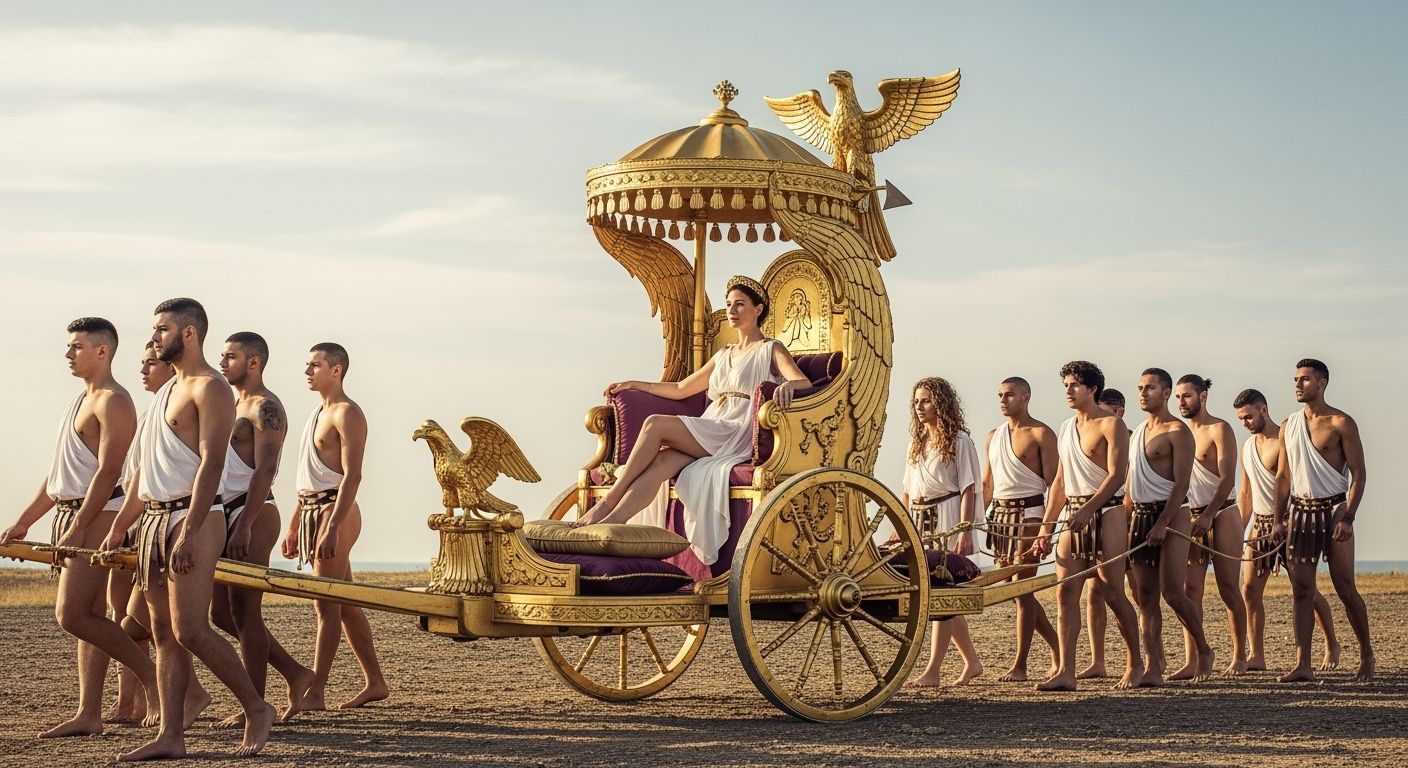 Elegant Roman Empress on Golden Chariot Throne