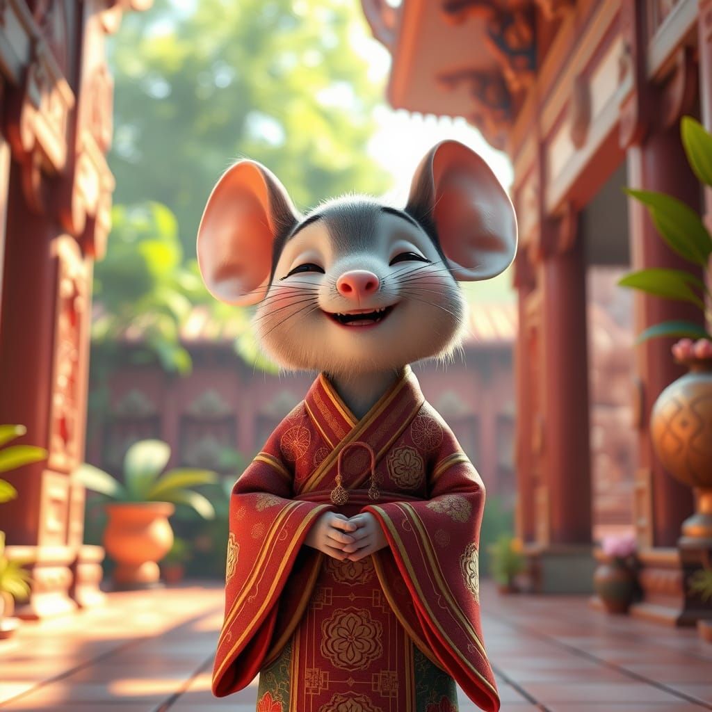 Serene Pixar-Style Mouse in Vibrant Temple Robes