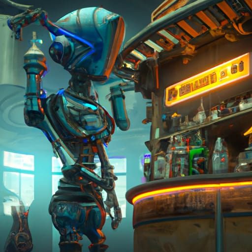 Cyborg Bartender in Detailed Fantasy Concept Art