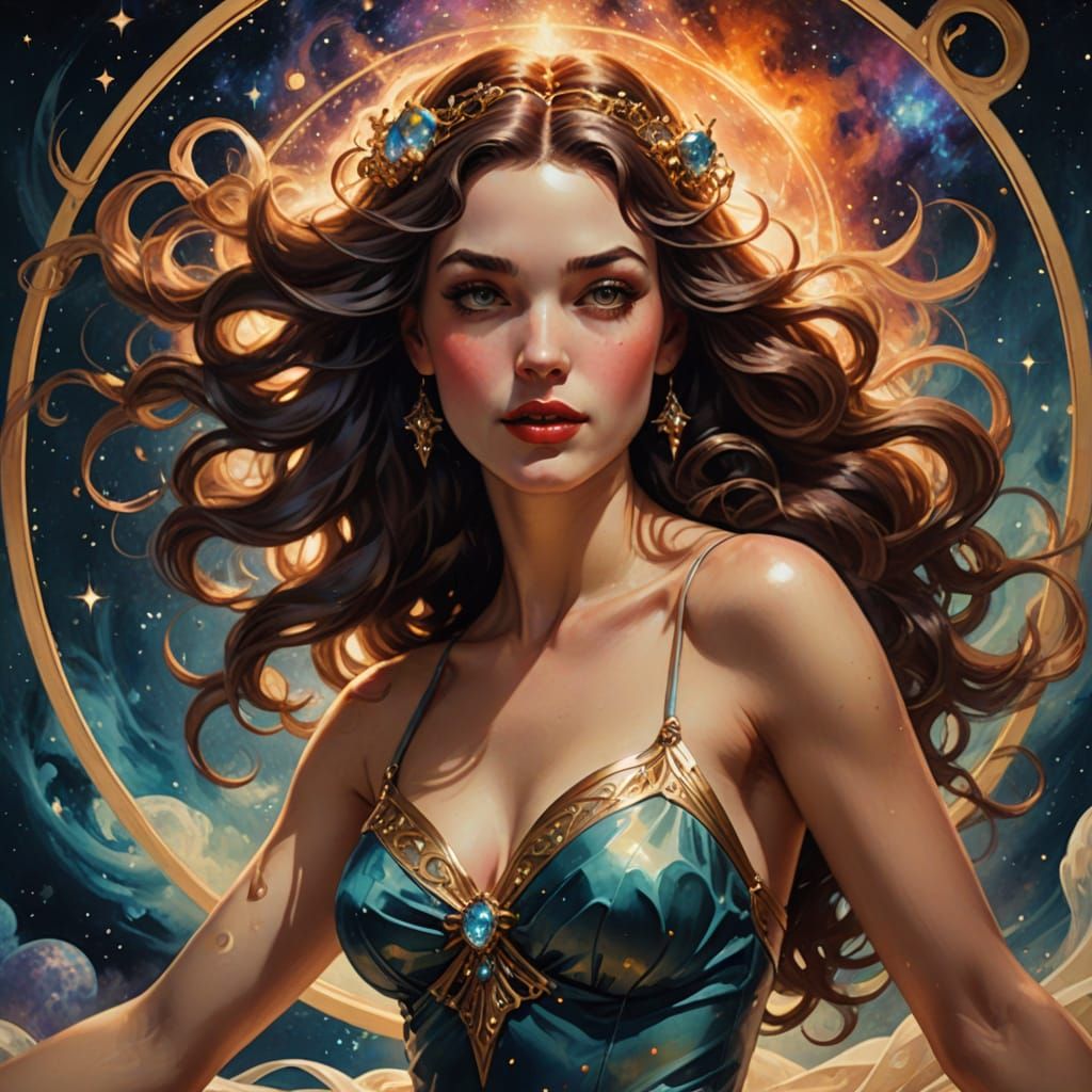 Hyperrealistic Woman Floats through Vibrant Nebula