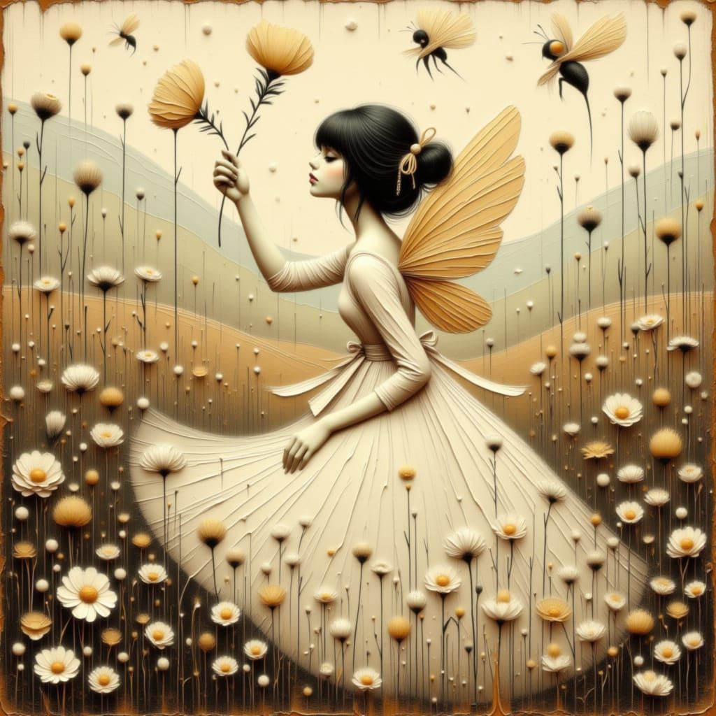 Airbrushed Fairy Sprinkling Pollen on Flowers