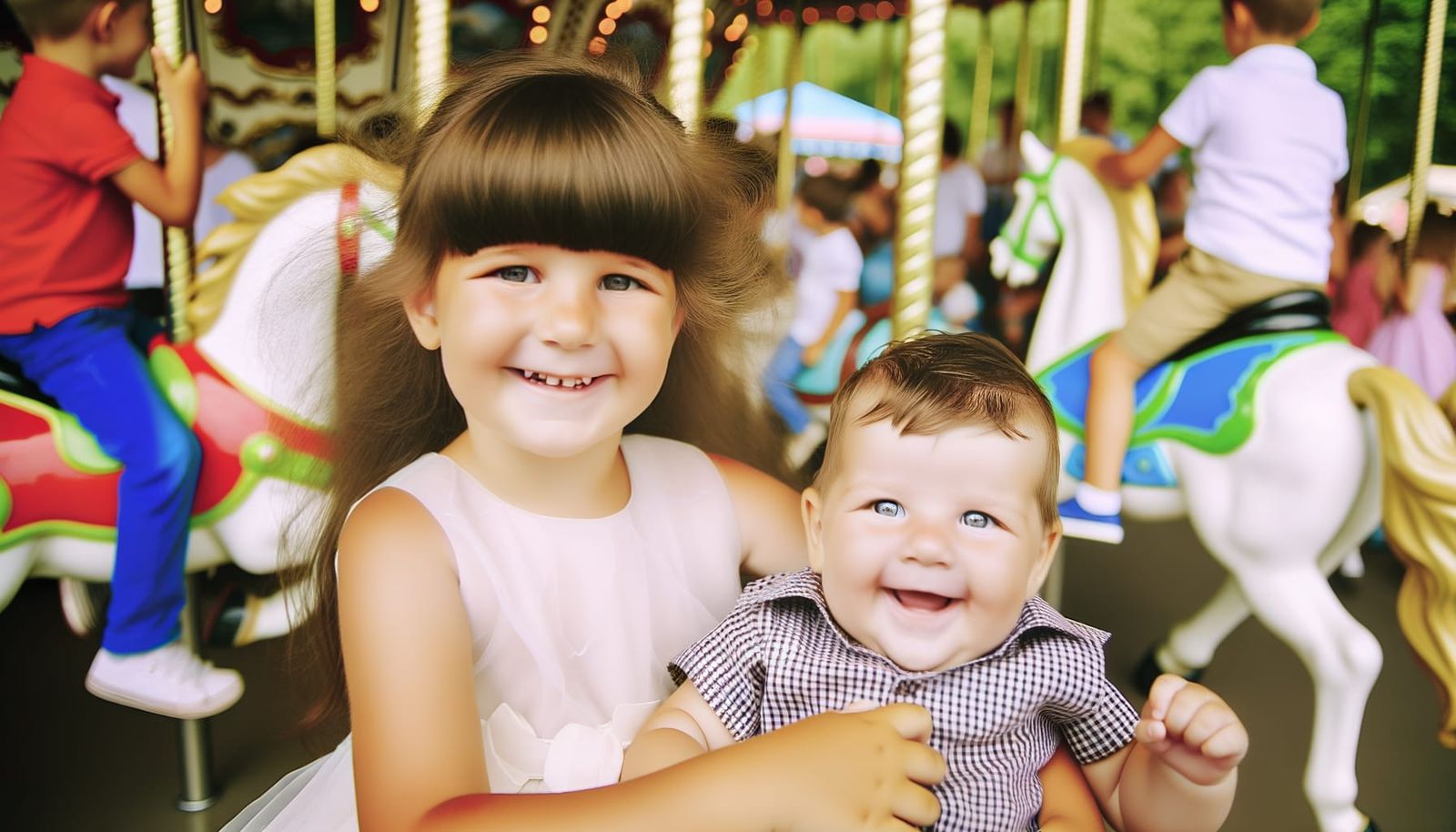 Girl and Baby Brother on Carousel Ride