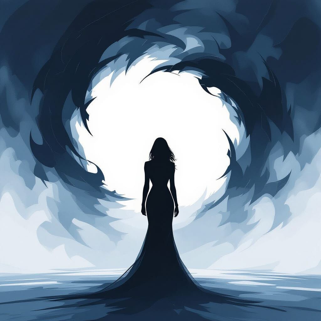 Businesswoman Silhouetted Against Abstract Dark Ink Art