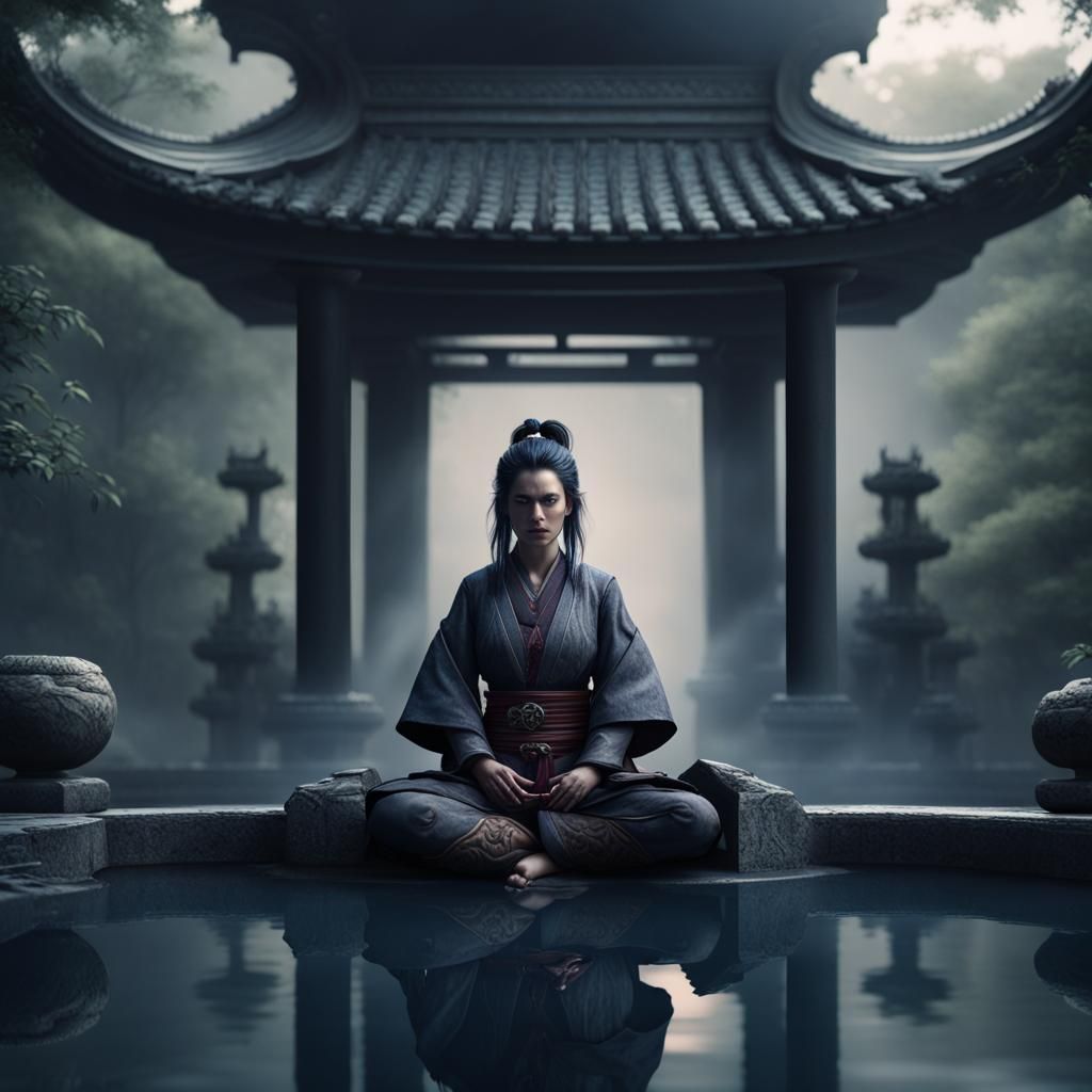 Gothic Samurai Woman Meditating in Dark Fantasy