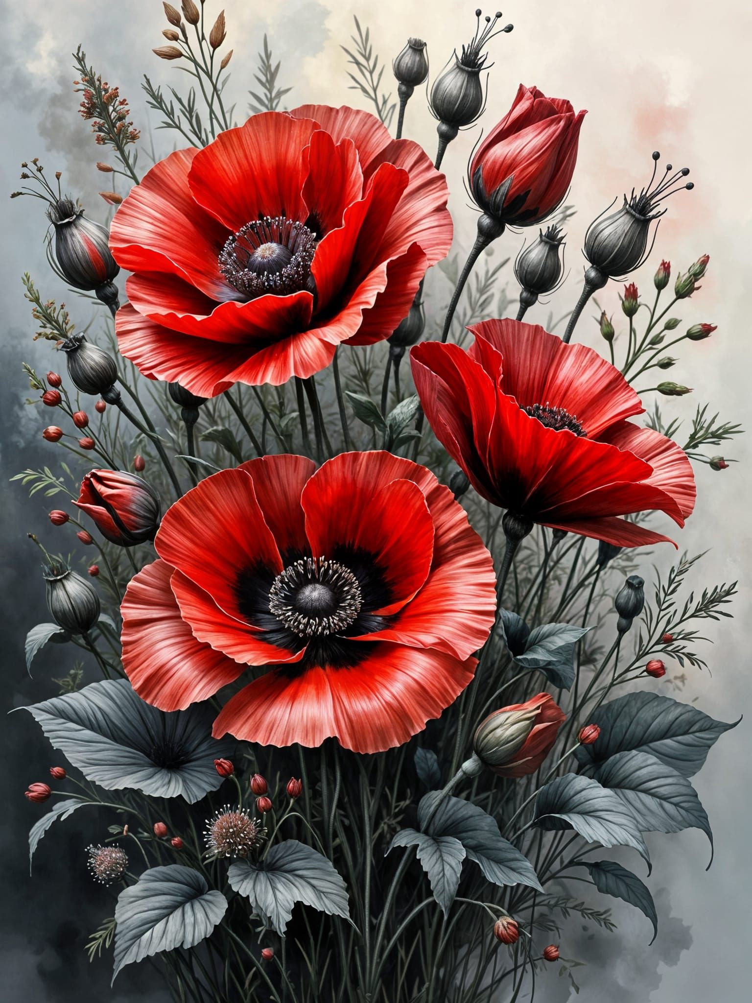 Black Poppy Bouquet as Ink Painting