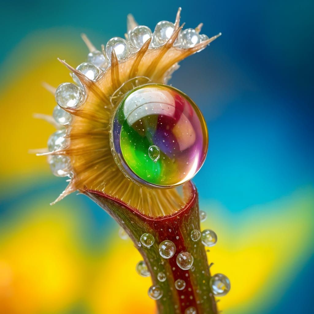 Dew-Covered Venus Flytrap with Rainbow Droplet Reflection