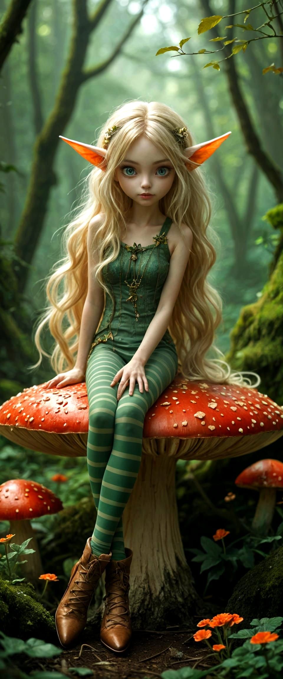Elf Woman on Mushroom in Mystical Forest