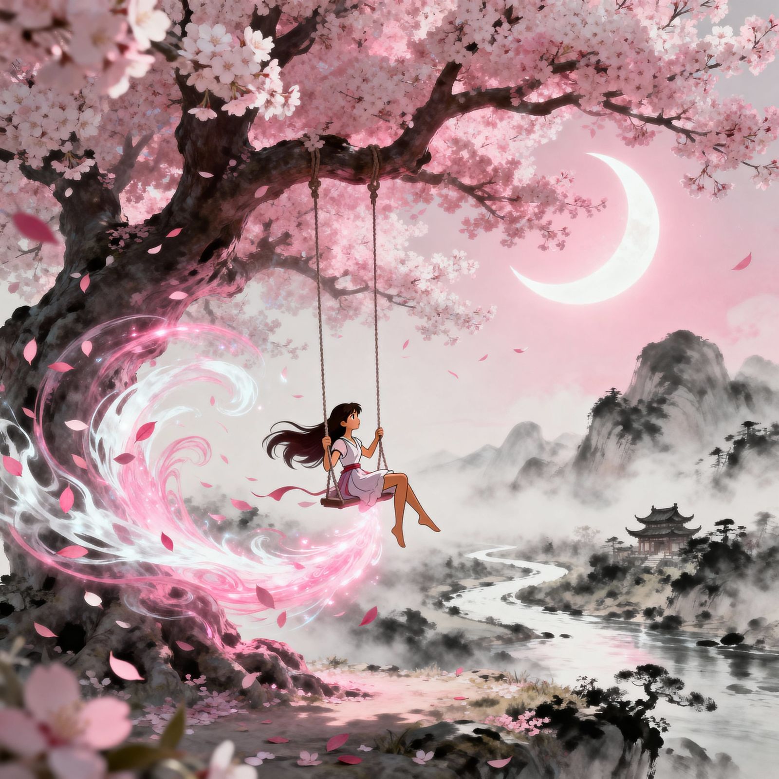 Hispanic Girl Under Magical Sakura Tree at Night