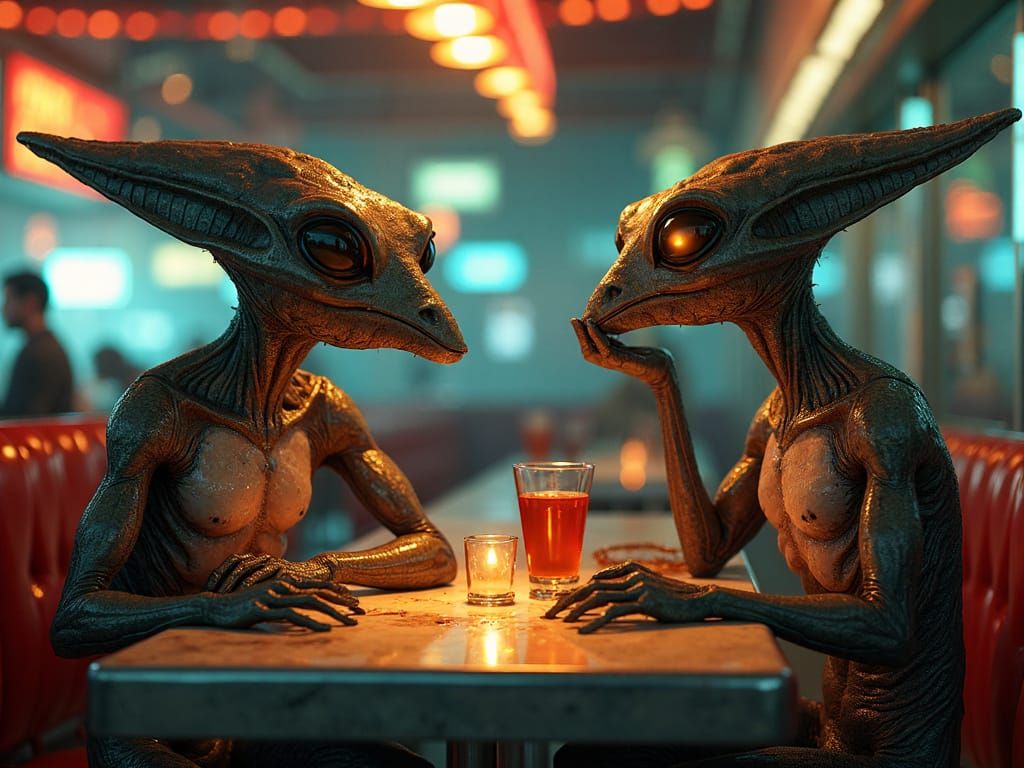Anthromorph Aliens in Retro Futurist Diner at Night