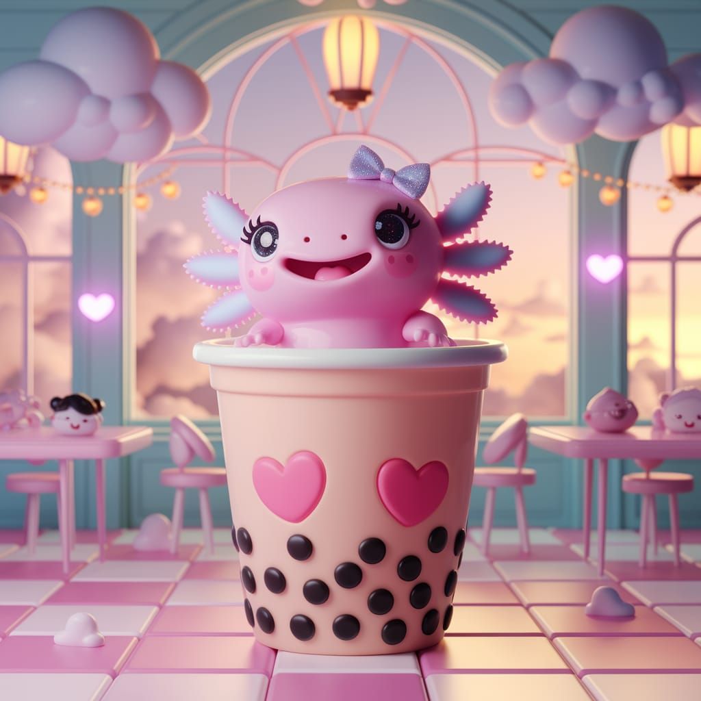 A chibi-style pink axolotl floating inside a giant bubble tea cup