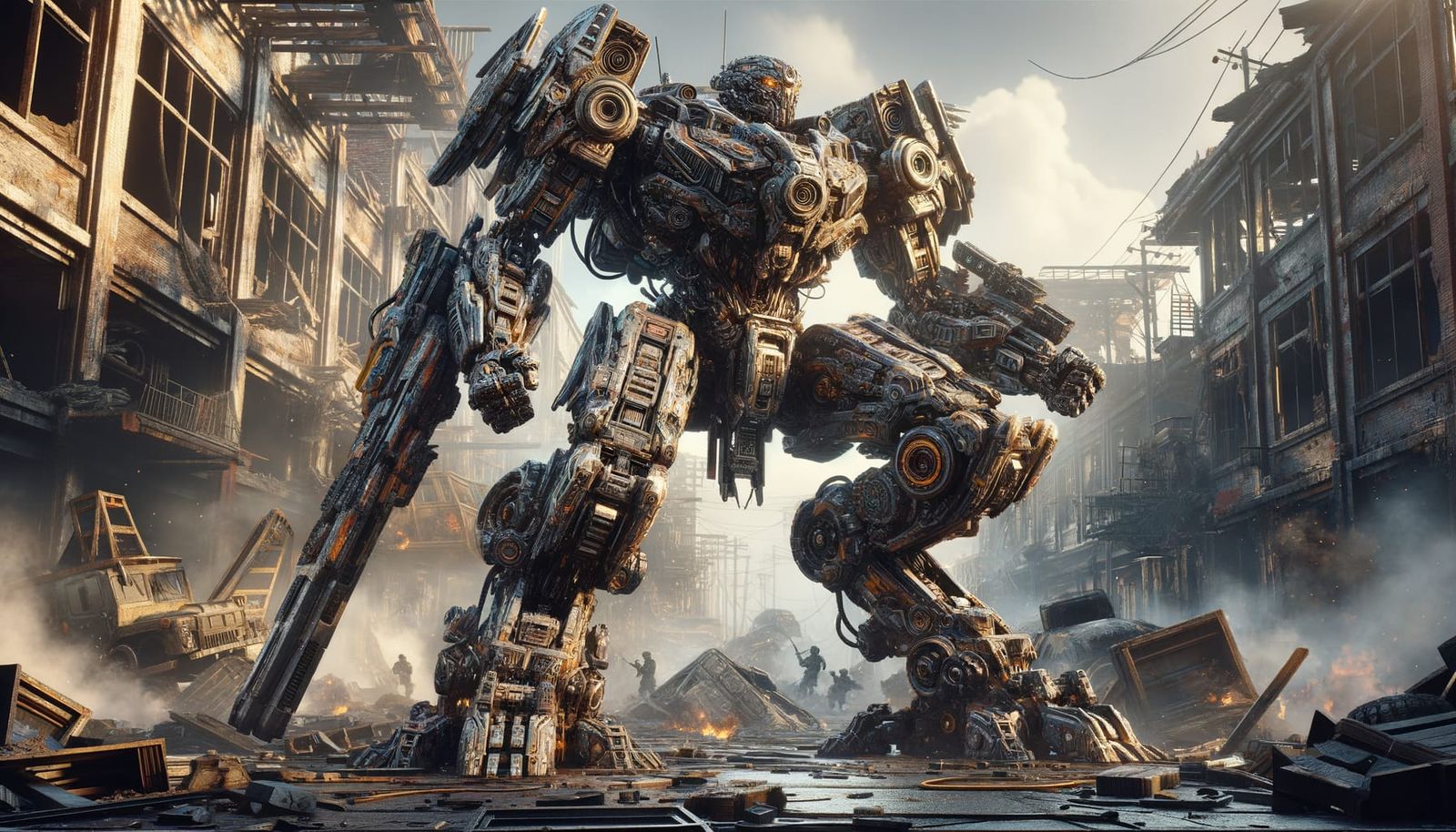 Battle Robot in High-Tech Armor Dominates Urban War Zone