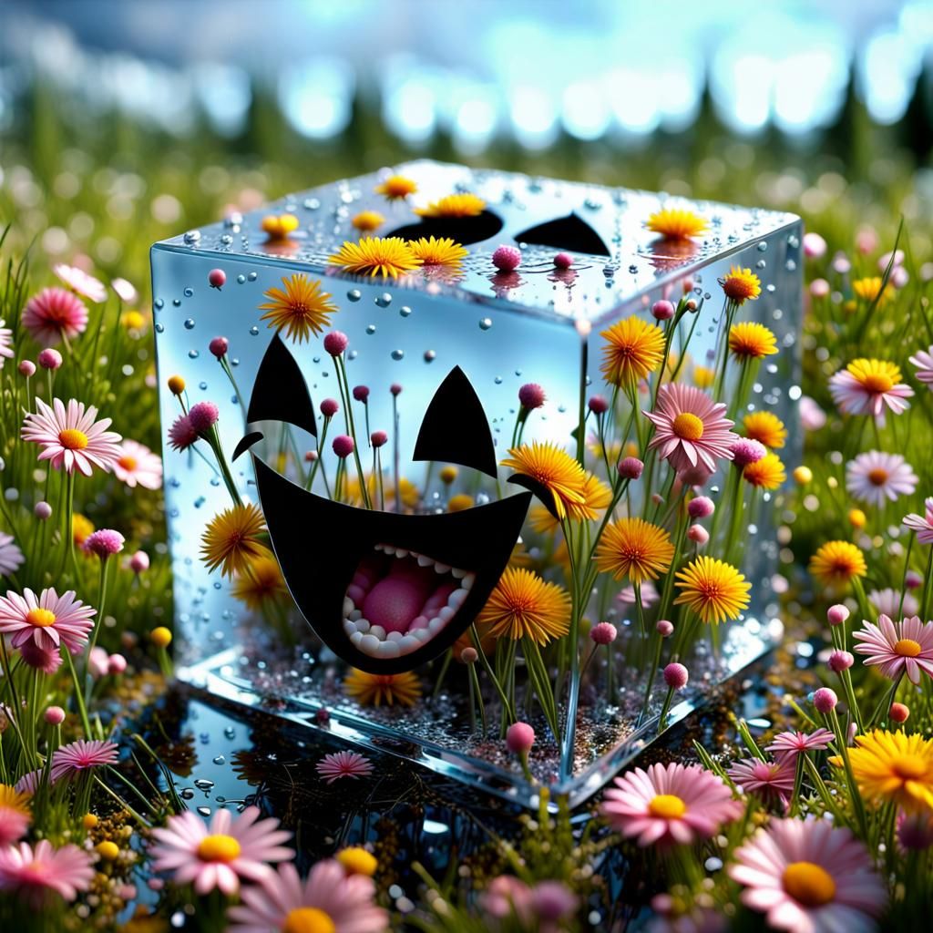 Ruined Plastic Cube in Meadow of Plastic Flowers