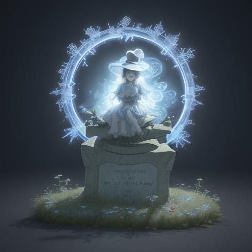 Lonely Chibi Ghost on Gravestone: 3D Digital Art