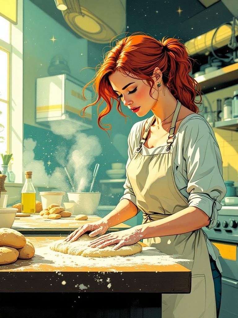 Redhead Baker Kneading Dough in Retro-Futuristic Style