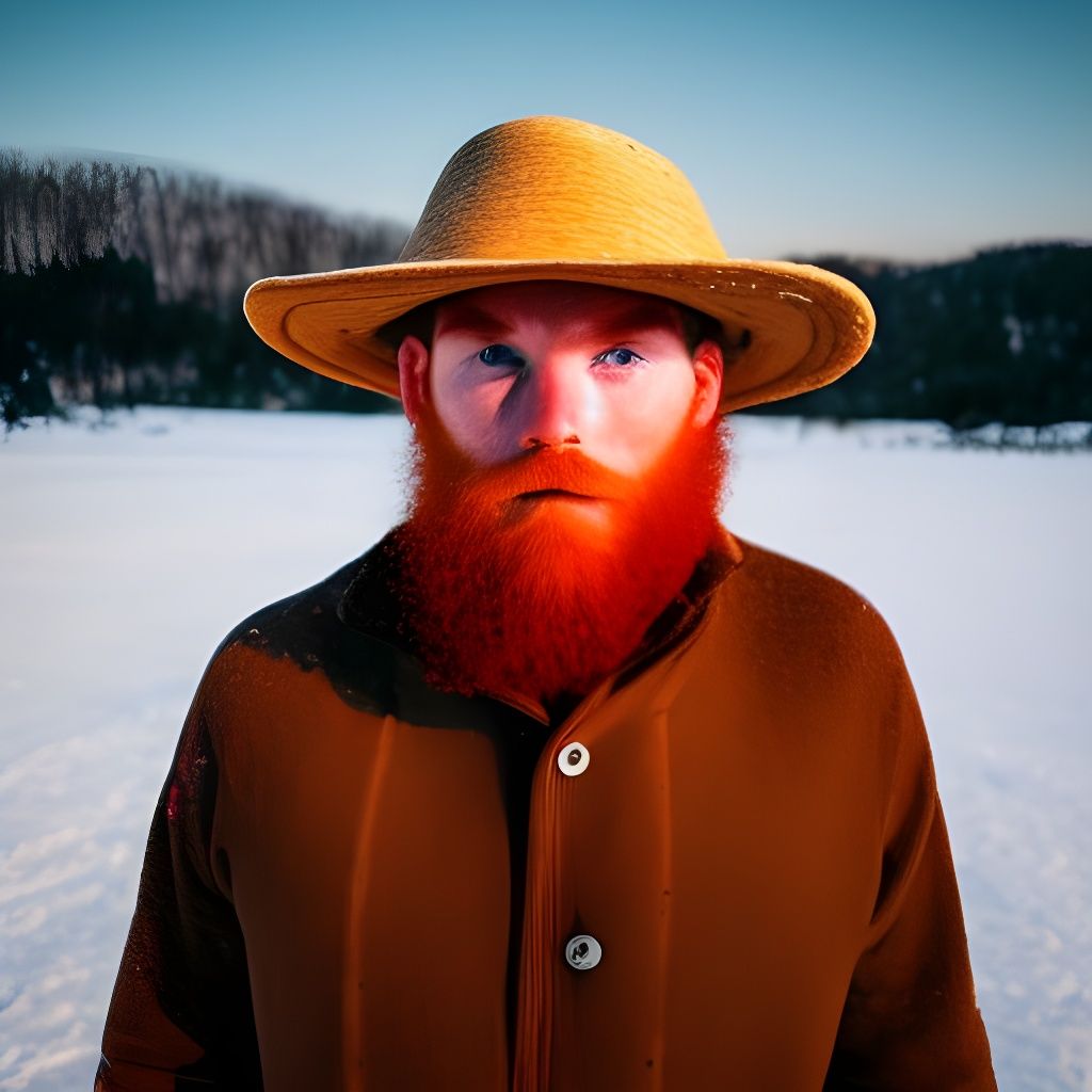 Red Bearded Man in Snowy Sunset Landscape