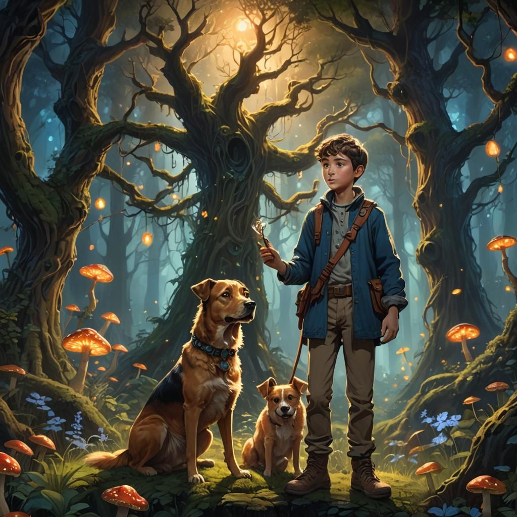Mystical Forest: Boy and Dog in Fantasy Art