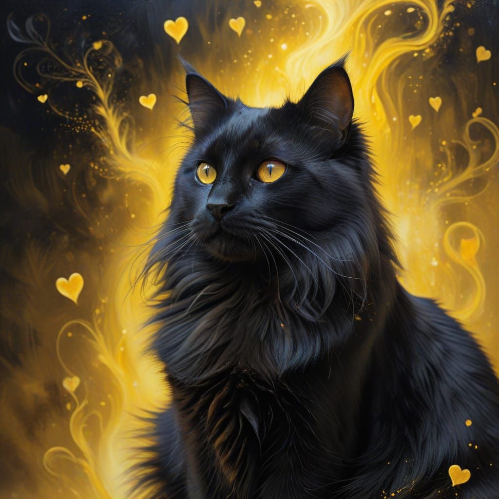 Surreal Black Cat Oil Painting with Golden Line Art