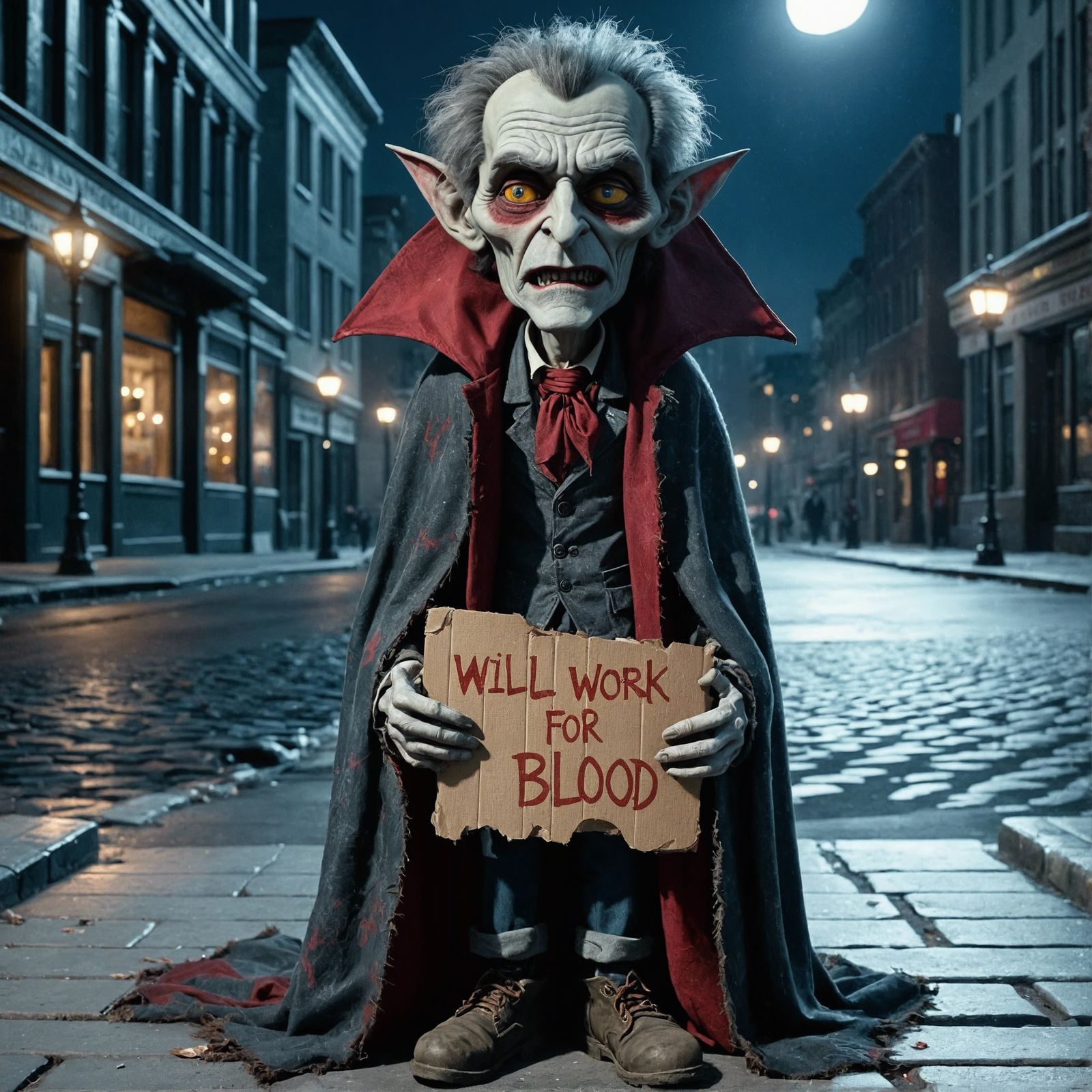 Homeless Vampire Cartoon Character in Urban Setting