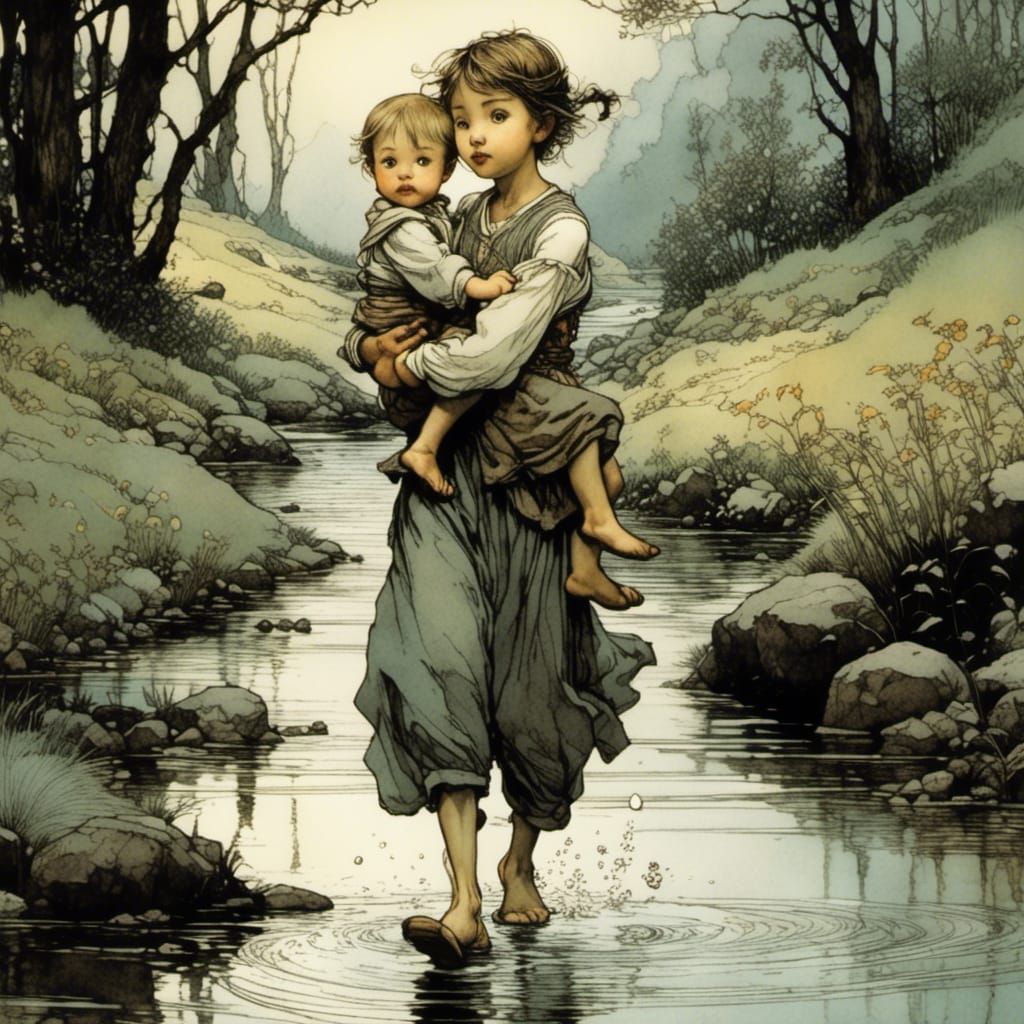 Brother and Sister Wading Stream, Fantasy Illustration