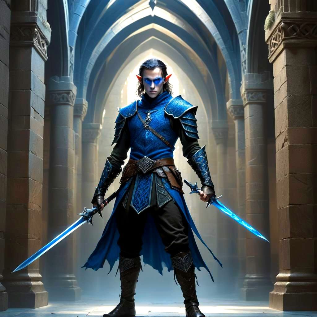 Half-Elf Rogue with Lightning Sword in Treasure Hall