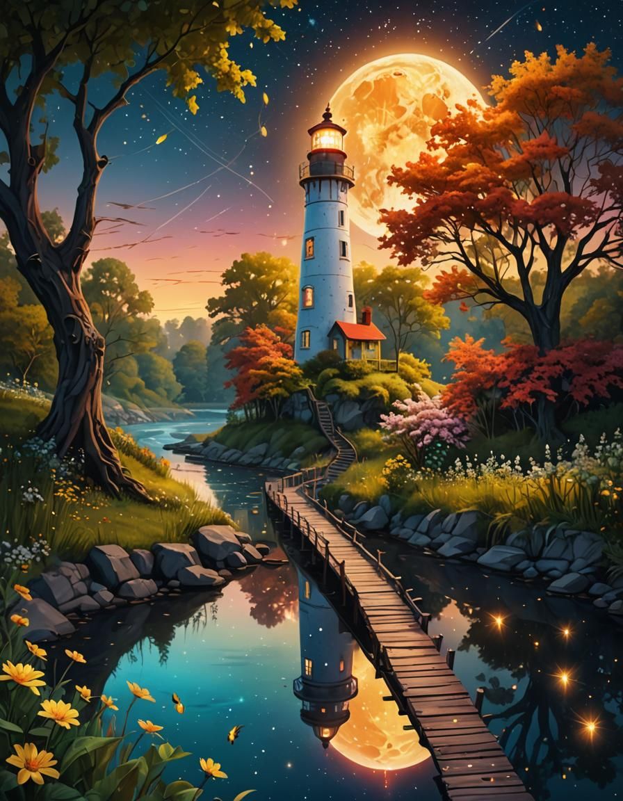 Magic Path with Fireflies and Glowing Moon in Surreal Style