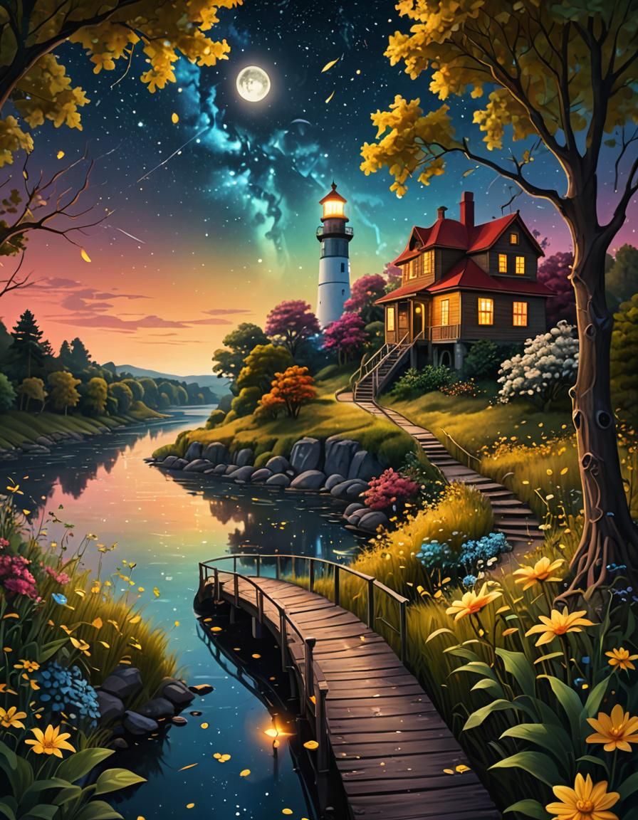 Enchanted Path with Fireflies and Glowing Moon