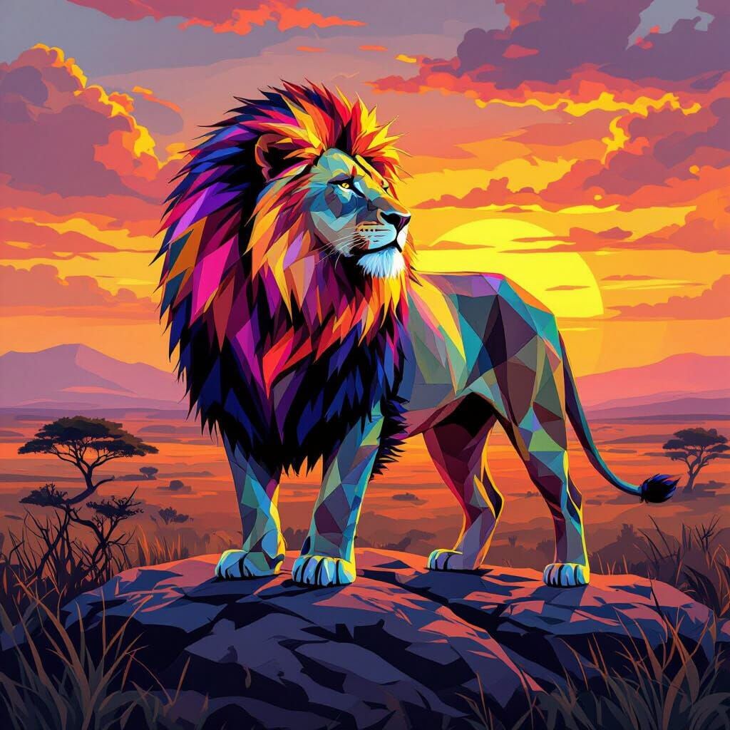 Geometric Lion Overlooking African Savanna in WPAP Style