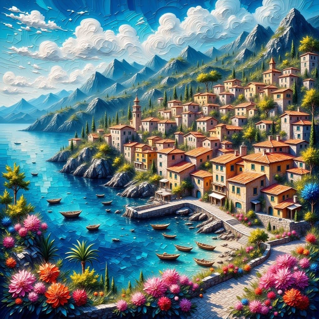 An impressionistic oil painting of a vibrant, colorful Mediterranean coastal town with boats in the blue water, featurin...