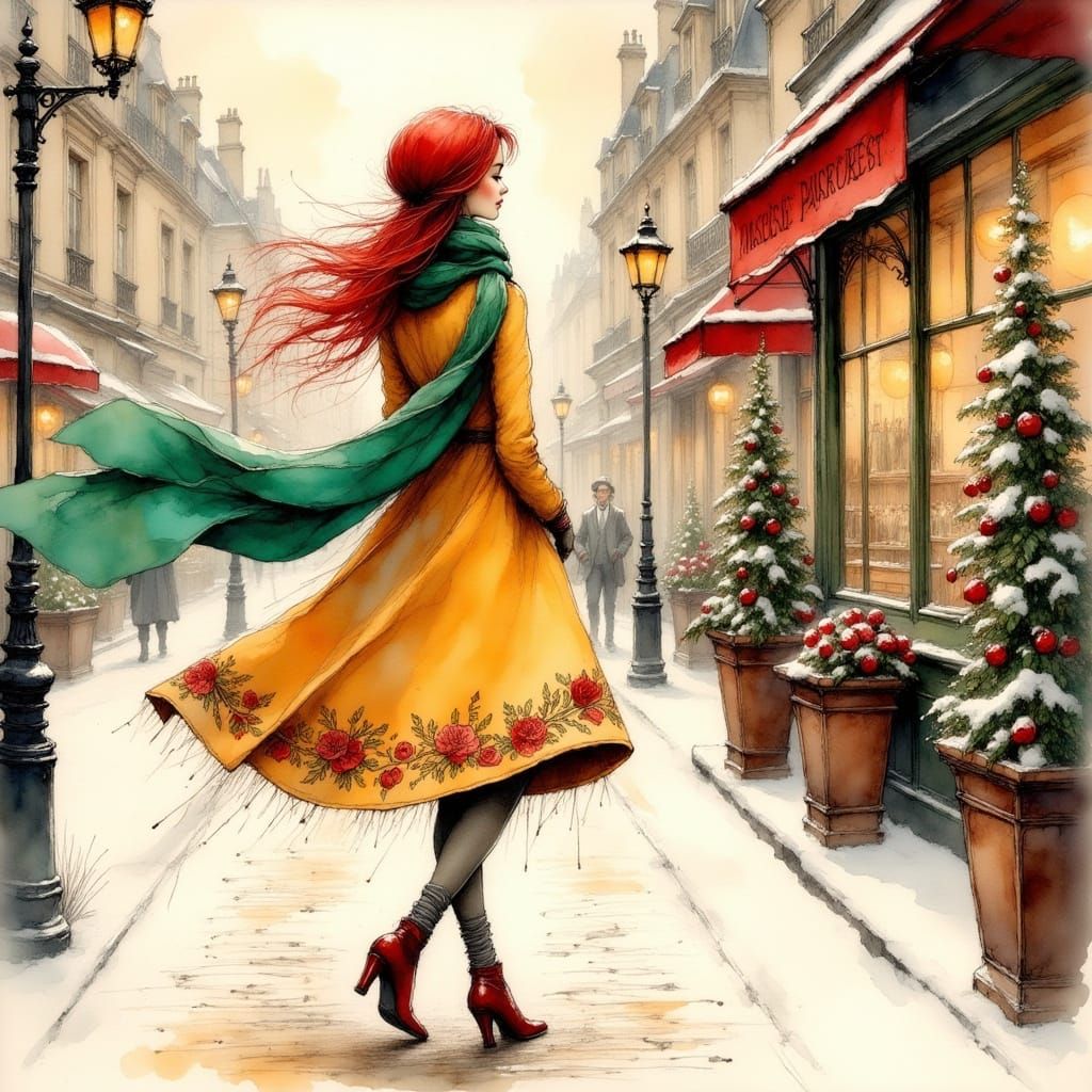 A Young Redheaded Woman in Winter Parisian Streets