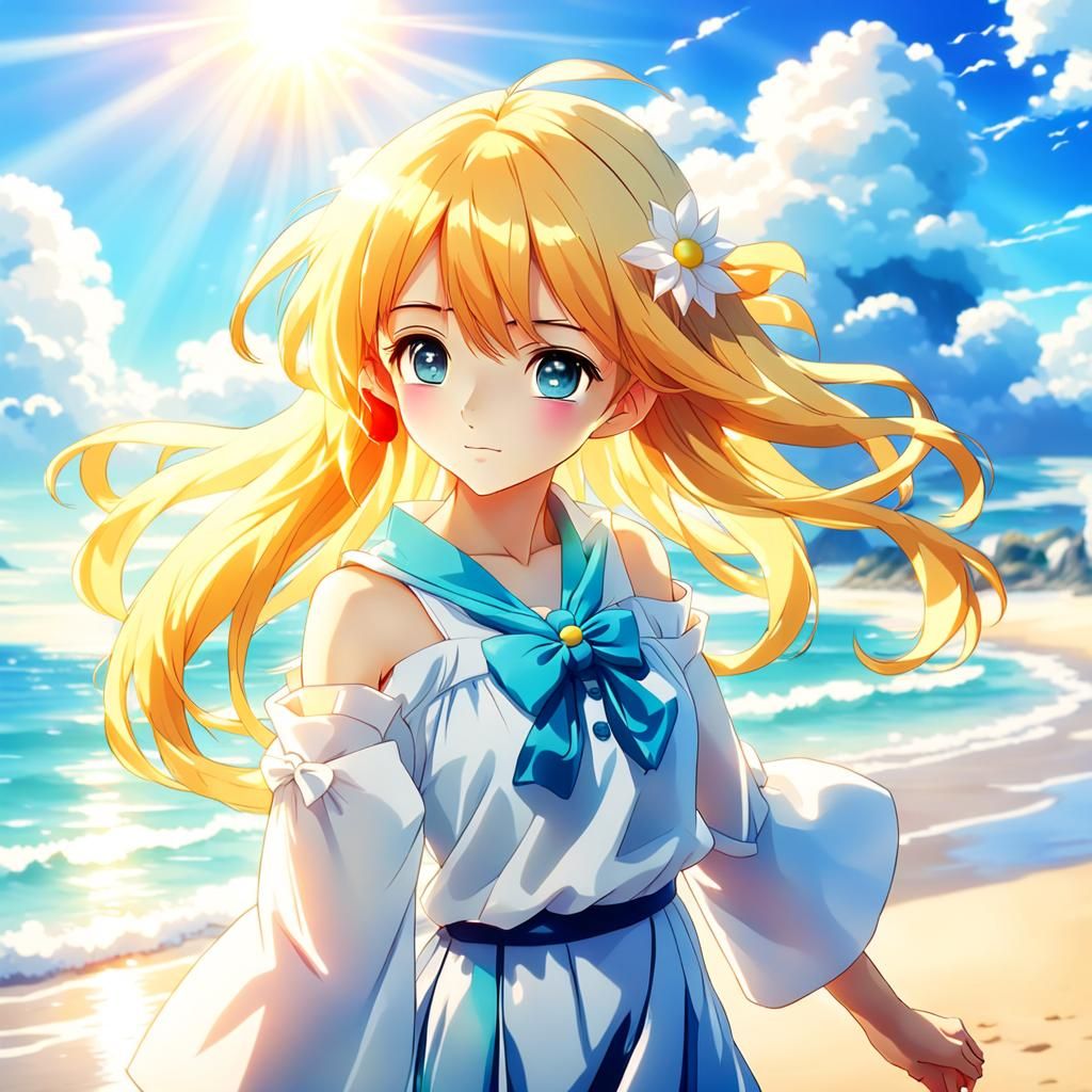 Attractive Anime Woman on Beach in Sunshine