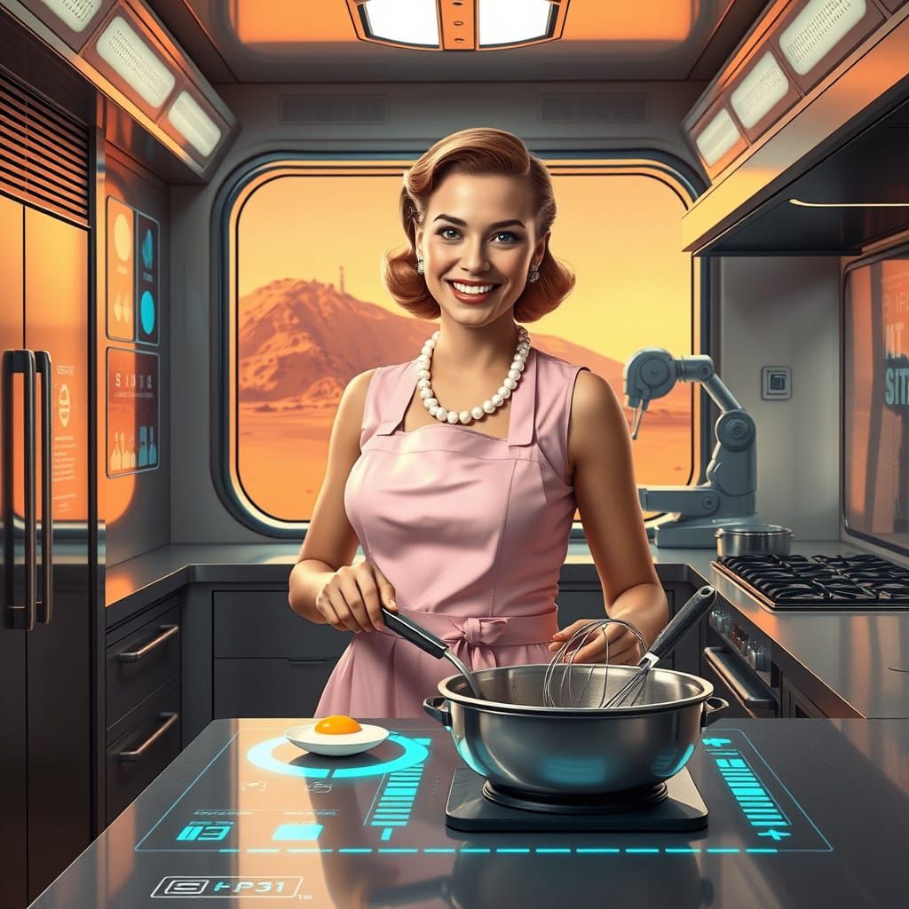 Retro Futuristic Housewife on Mars in a Hyperrealistic Style