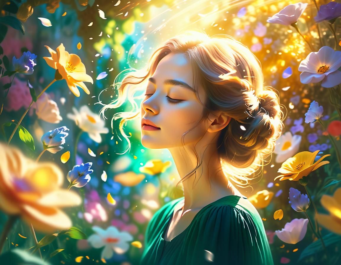 Woman Surrounded by Flowers in Dreamy Garden