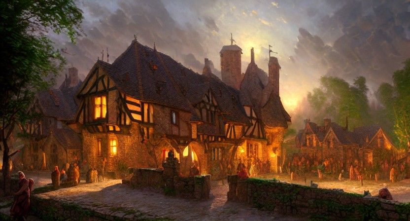 Riotous Villagers Storm Medieval Manor: Grim Fantasy Art