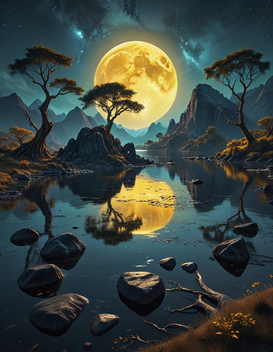 a surrealist night landscape with a huge yellow full moon