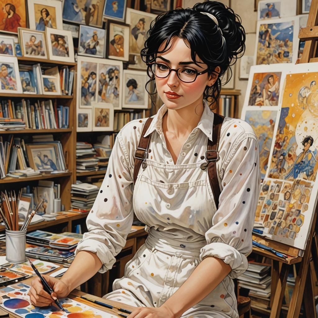 Woman Artist Painting in Studio, Bande Dessinée Style