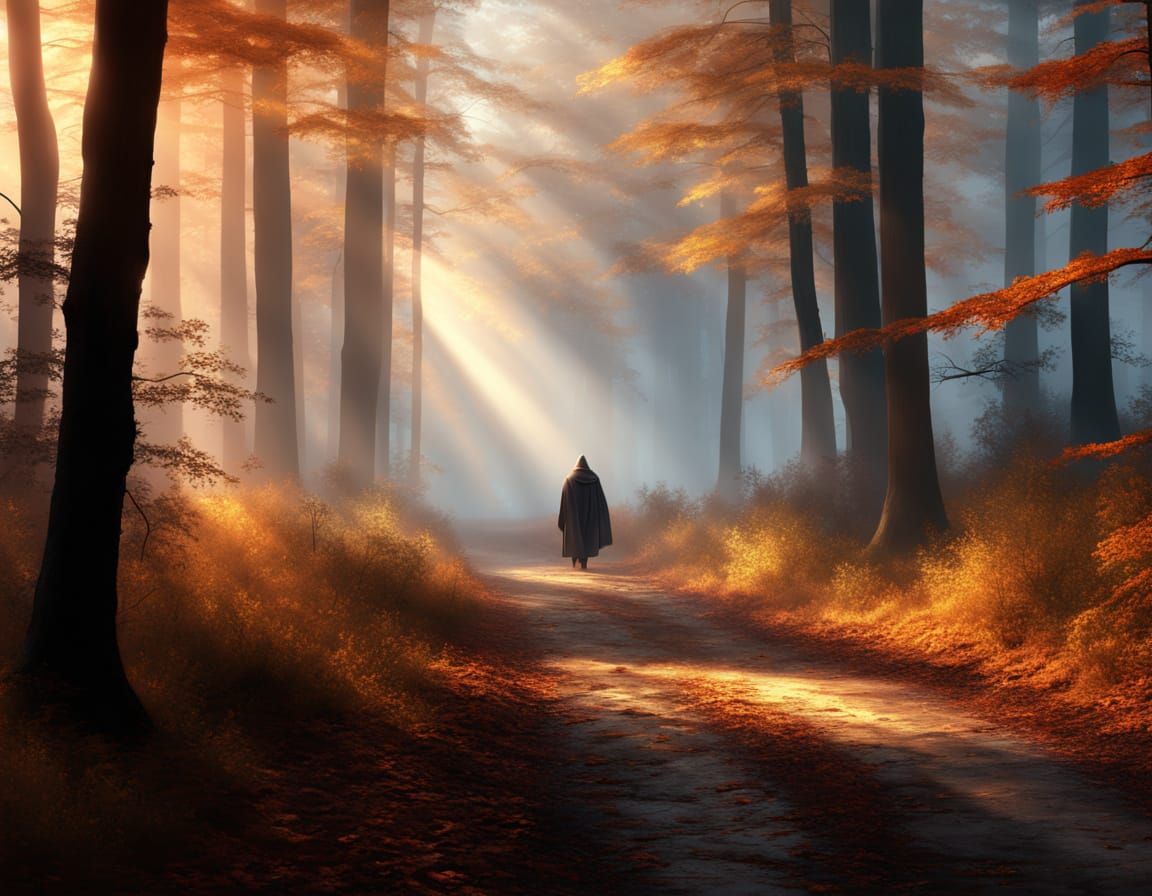 Mystical Traveler in Enchanted Misty Forest