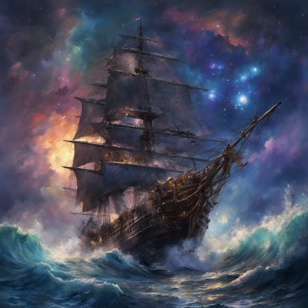 Pirate Ship Sailing Under Indigo Starry Night