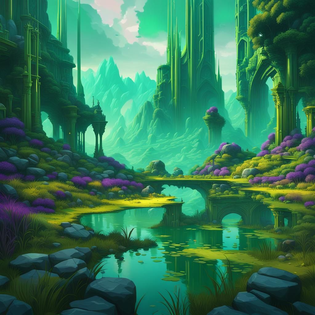 Green Futuristic Landscape in Dark Fantasy Style