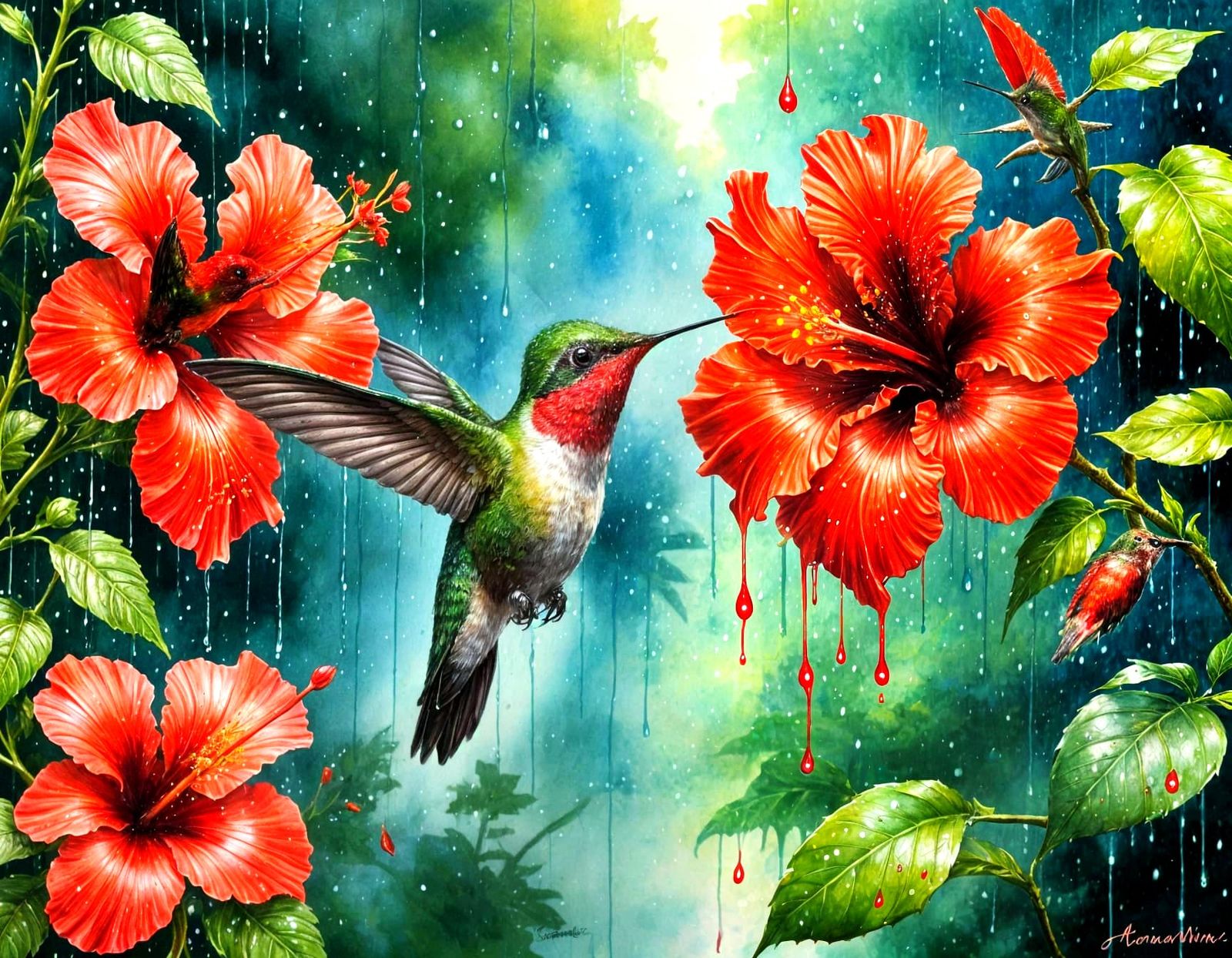 A vibrant hummingbird hovers near a striking vibrant red hibiscus flower, delicately sipping nectar.