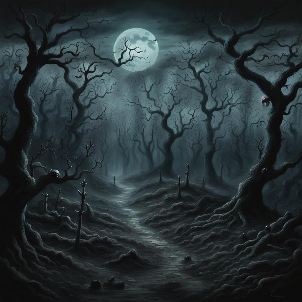 Eerie Landscape with Bloodshot Eyes in Gothic Style