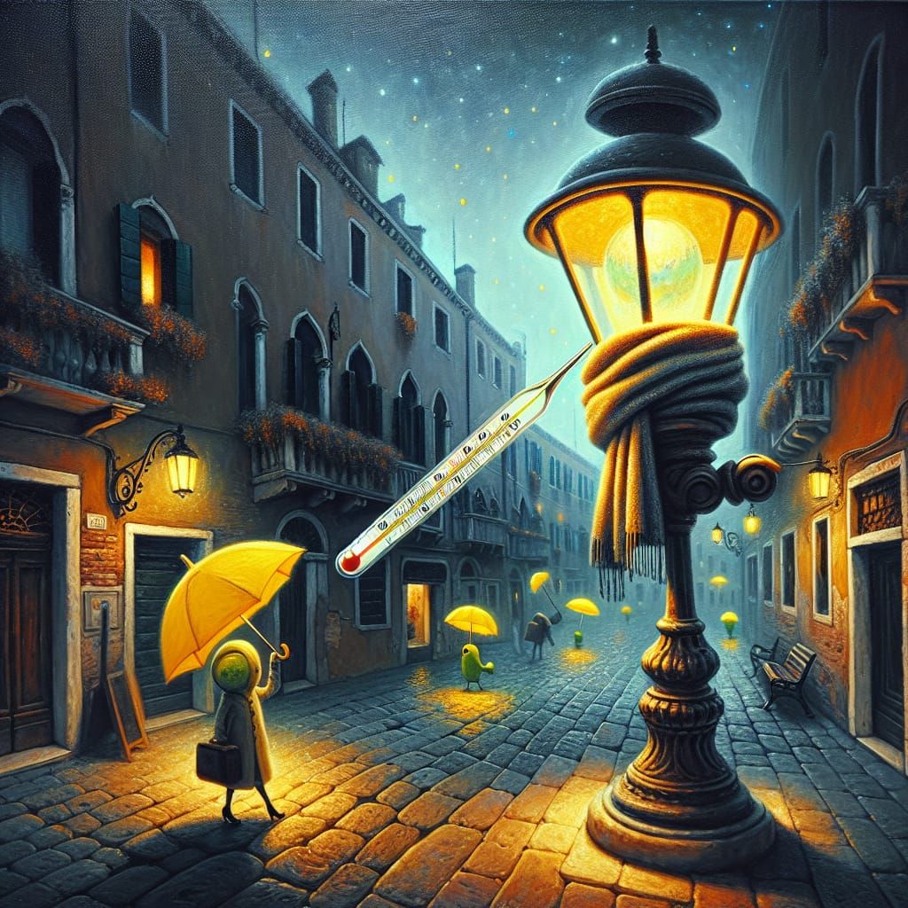 Surreal Venetian Street Scene with Ill Lamp Post