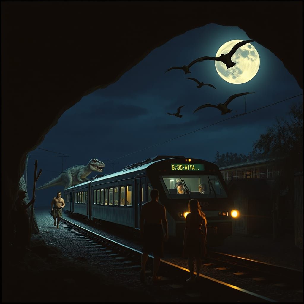 Prehistoric Cavemen Discover Modern Electric Train