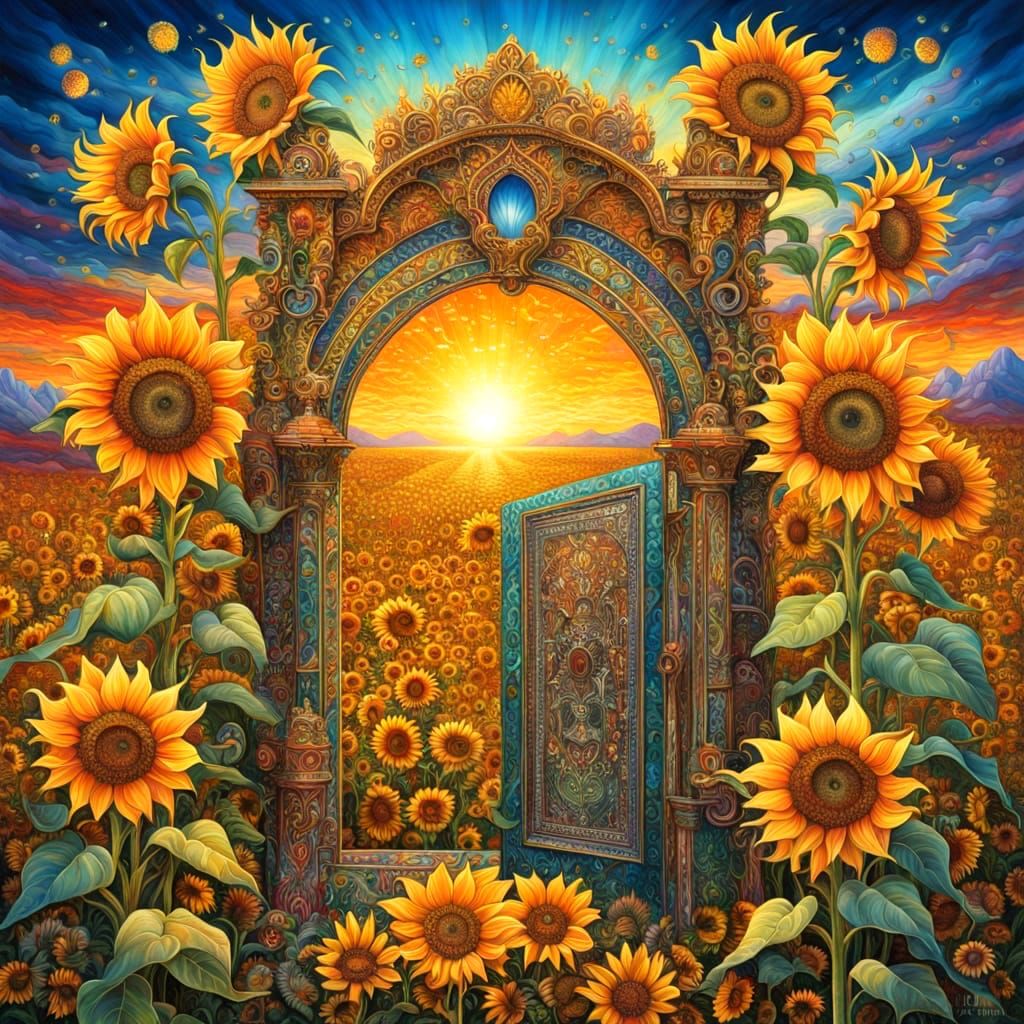 Ornate Door in Sunflower Field, Deco Style