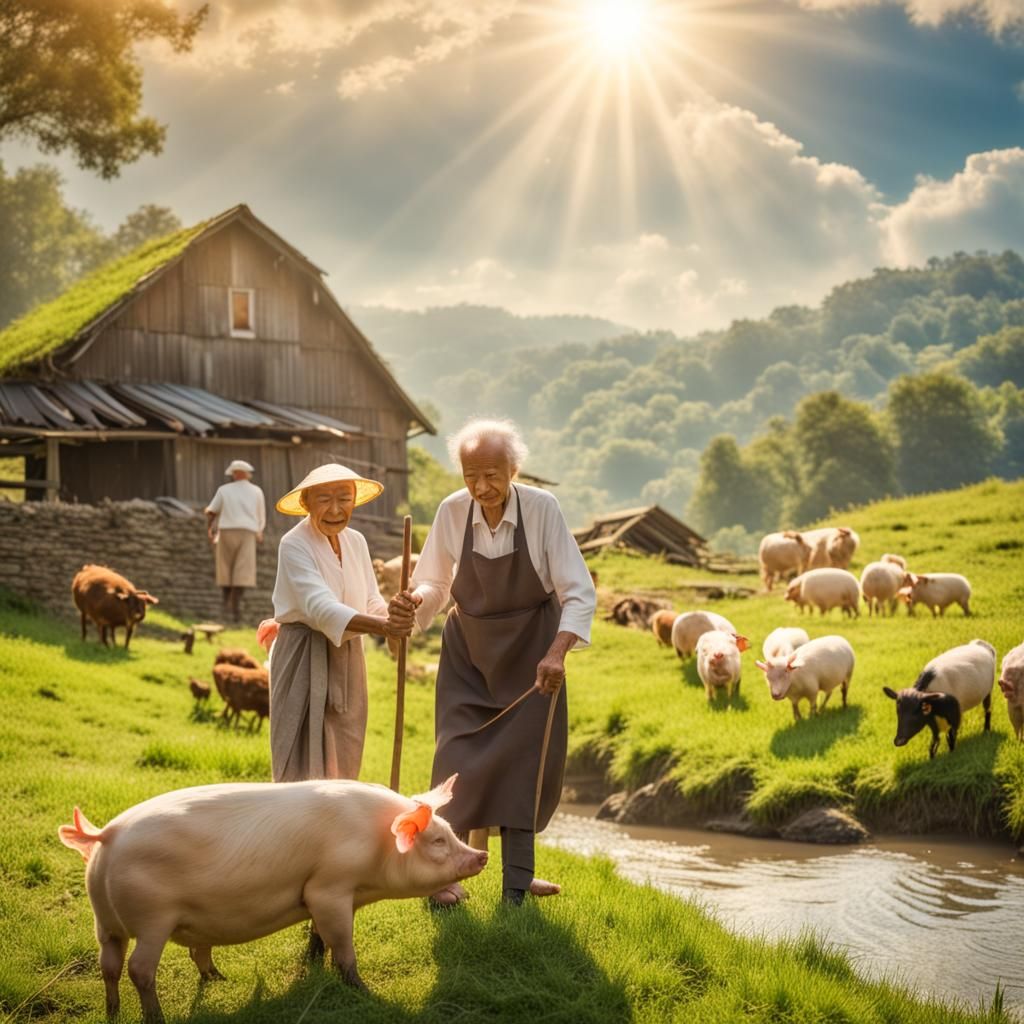 Idyllic Farm Scene with Elderly Couple and Animals